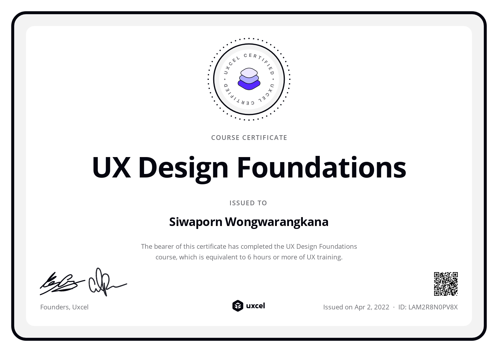 Siwaporn Wongwarangkana's certificate